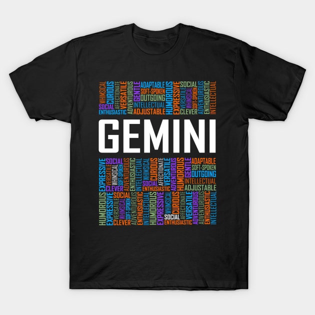 Gemini Zodiac Words T-Shirt by LetsBeginDesigns